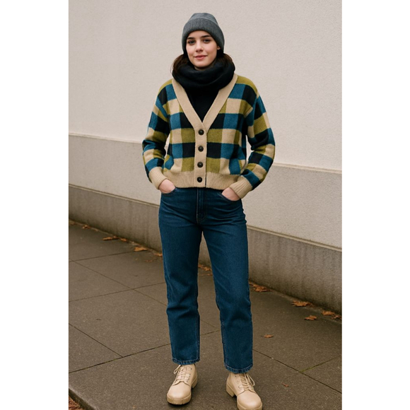 FRNCH Sweaters - Women's FRNCH S Beige Blue Plaid Cardigan, Size S